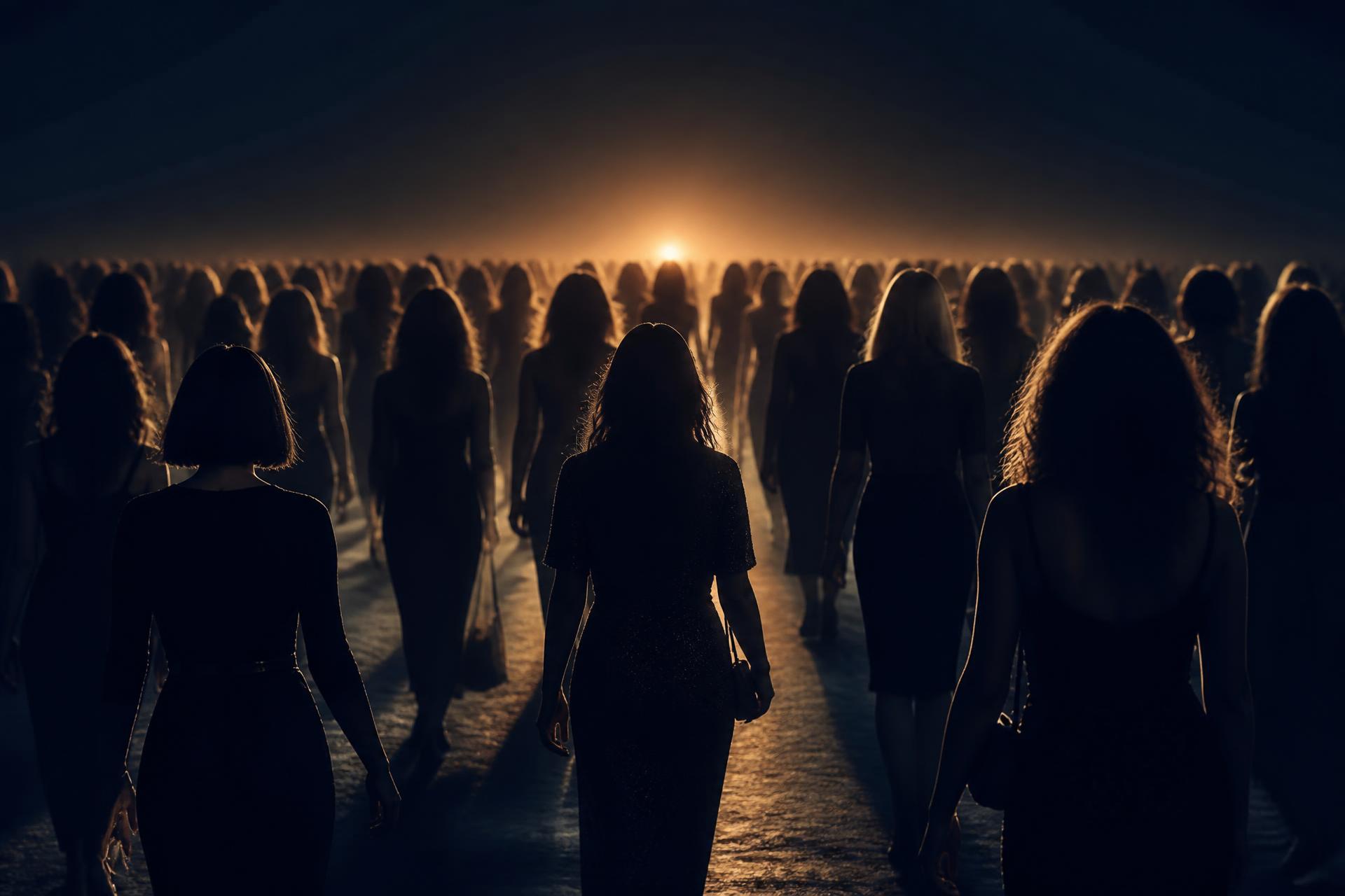 Mulheres caminhando juntas em direção à luz, silhuetas em um ambiente noturno dourado